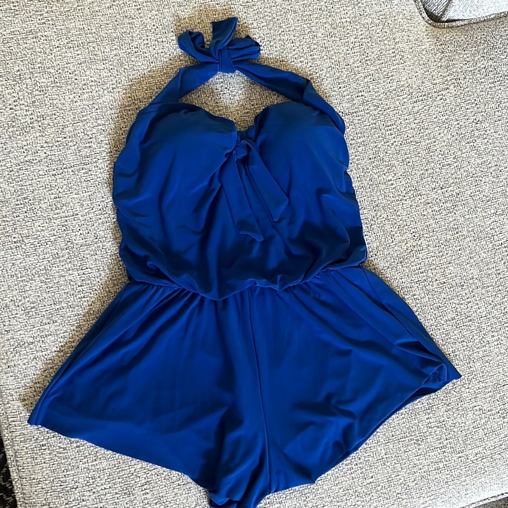 🟢 Aqua Green Blue Romper Swimsuit Swim wear One Piece Halter S